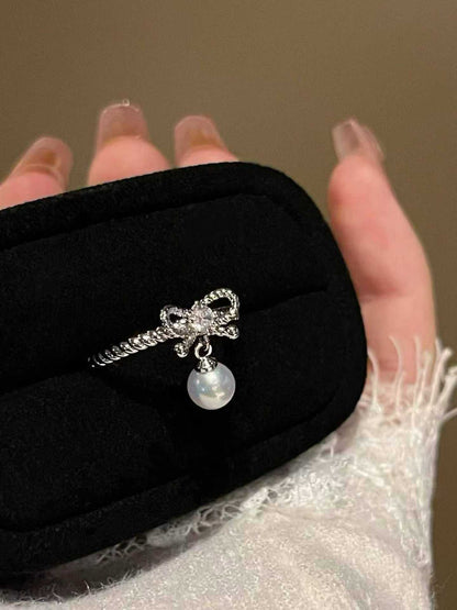 Bow Freshwater Pearl Adjustable Ring with Zircon