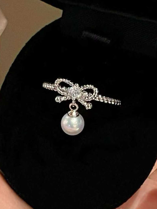 Bow Freshwater Pearl Adjustable Ring with Zircon