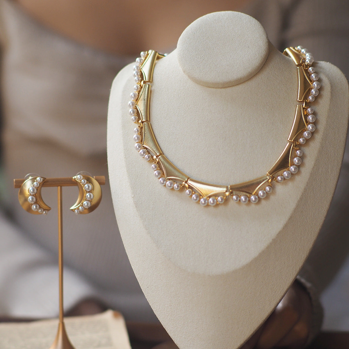 Vintage Luxury Moon Pearl Jewelry Set – Statement Earrings & Necklace, Antique Gold Plated