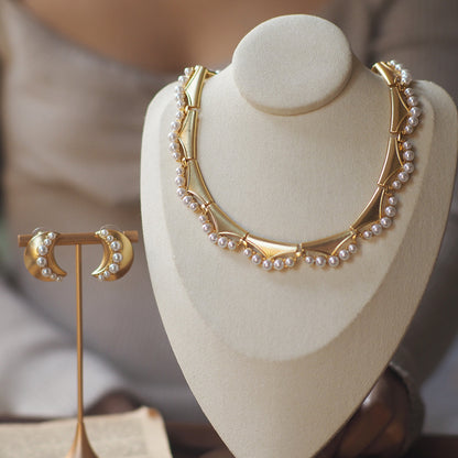 Vintage Luxury Moon Pearl Jewelry Set – Statement Earrings & Necklace, Antique Gold Plated