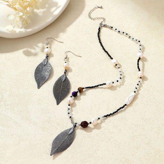 Natural Real Leaf Specimen Gold-Plated Pearl Necklace & Earrings Set – Elegant Botanical Jewelry for Women