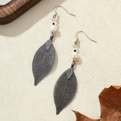 Natural Real Leaf Specimen Gold-Plated Pearl Necklace & Earrings Set – Elegant Botanical Jewelry for Women