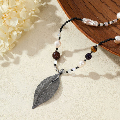 Natural Real Leaf Specimen Gold-Plated Pearl Necklace & Earrings Set – Elegant Botanical Jewelry for Women